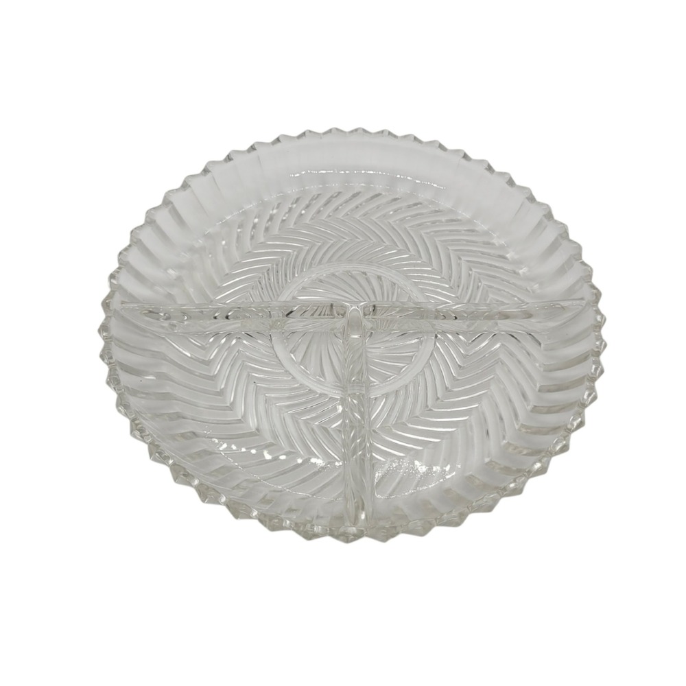 Vintage Clear Pressed Glass Divided Relish Dish Herringbone Scalloped Rim 7"